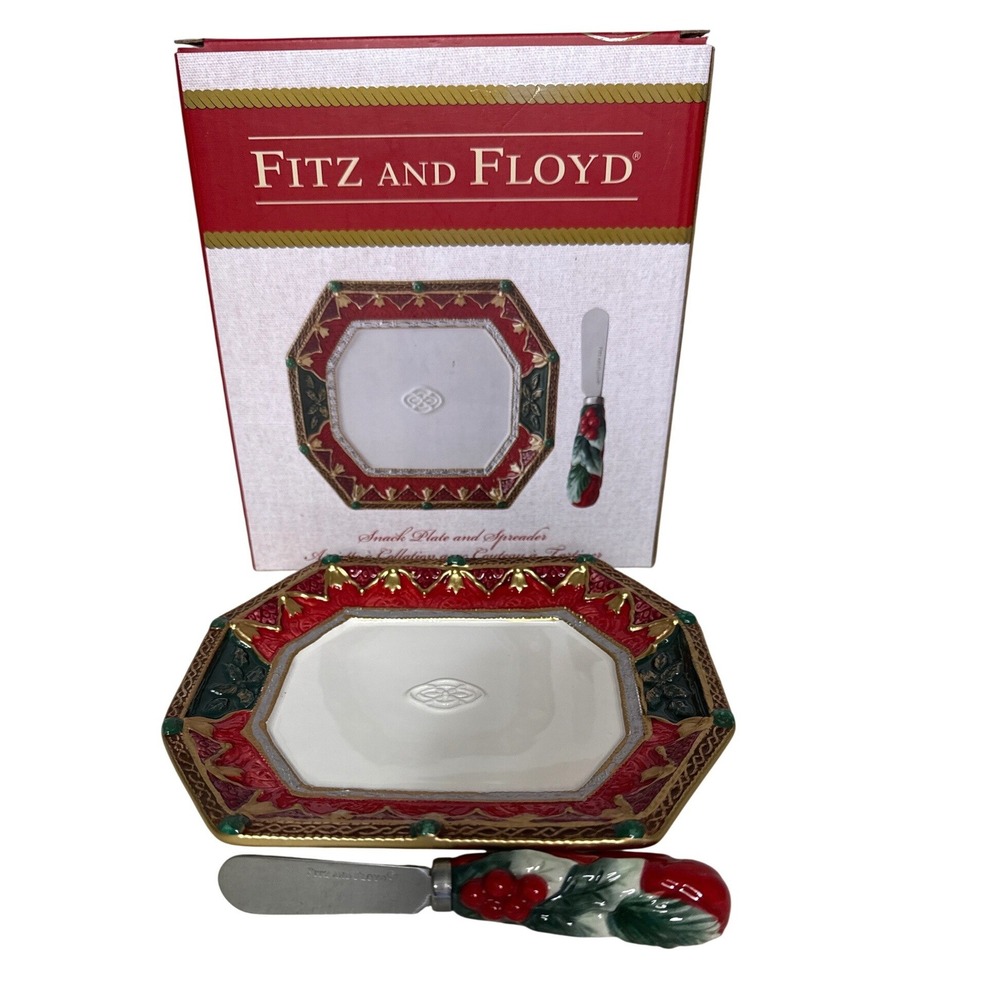 Fitz and Floyd Noel Holiday Snack Plate Spreader‎ Set Red Green Gold Ceramic New